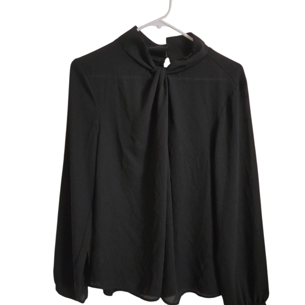 Ann Taylor Black Pleated Buttoned Blouse with Mandarin Collar